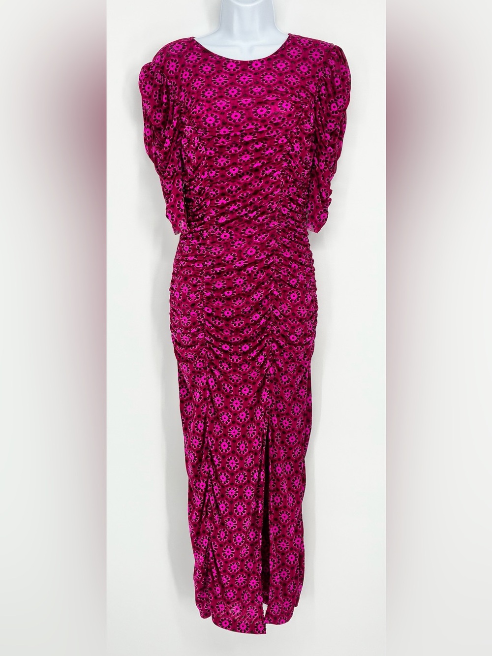 Free People Briella Printed Ruched Short Sleeve Midi Dress Fuchsia Small